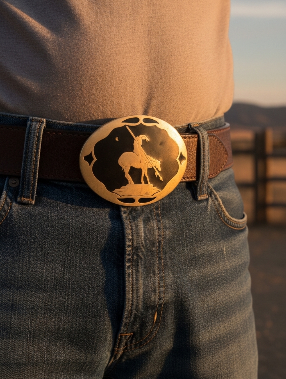 Western Brass Buckle with Native Rider Motif Vintage Estate